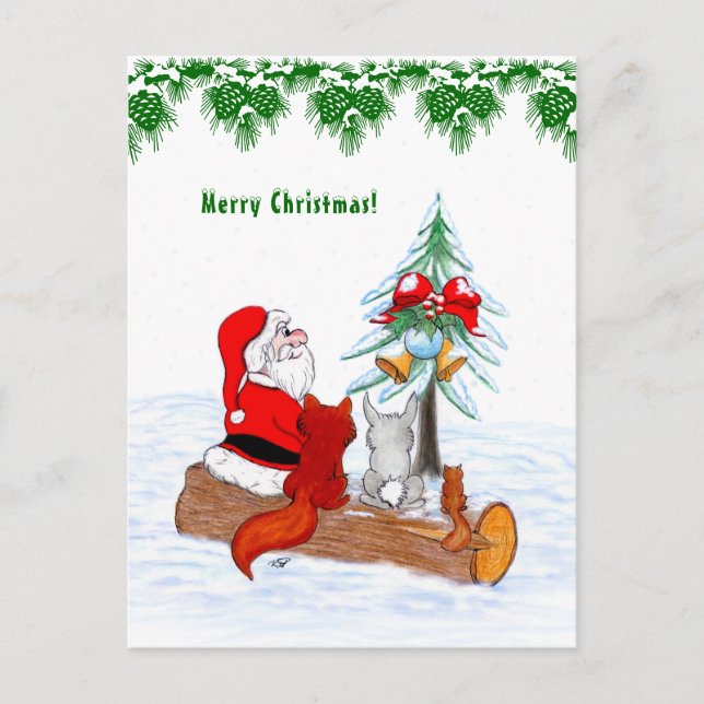 Santa Claus with Rabbit Fox and Squirrel Postcard (Front)