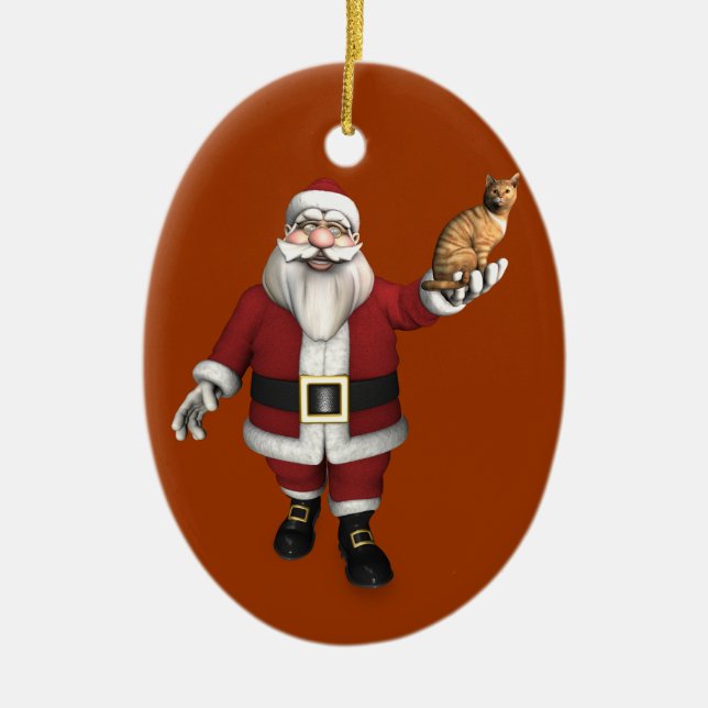 Santa Claus With Red Tabby Ceramic Ornament (Front)