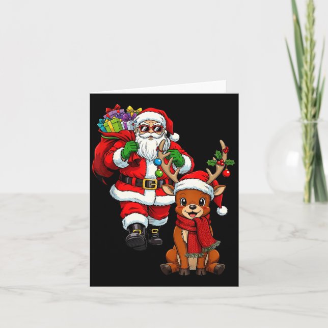 Santa Claus With Reindeer And Cool Christmas  Card (Front)