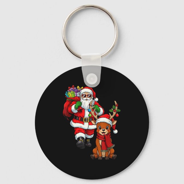 Santa Claus With Reindeer And Cool Christmas  Keychain (Front)