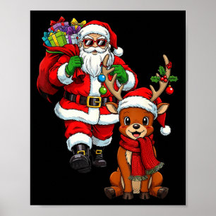 Santa Claus With Reindeer And Cool Christmas Poster