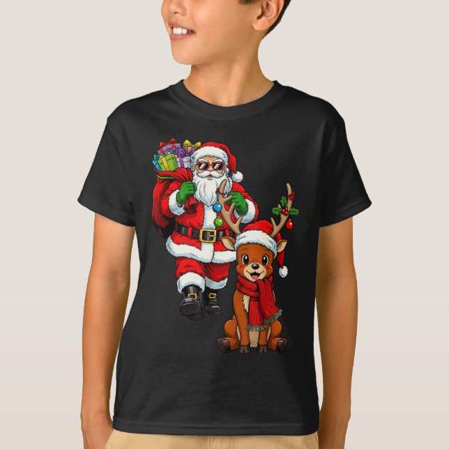 Santa Claus With Reindeer And Cool Christmas  T-Shirt (Front)