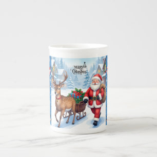 Santa Claus with Reindeer, Snowy Christmas Eve Bone China Mug