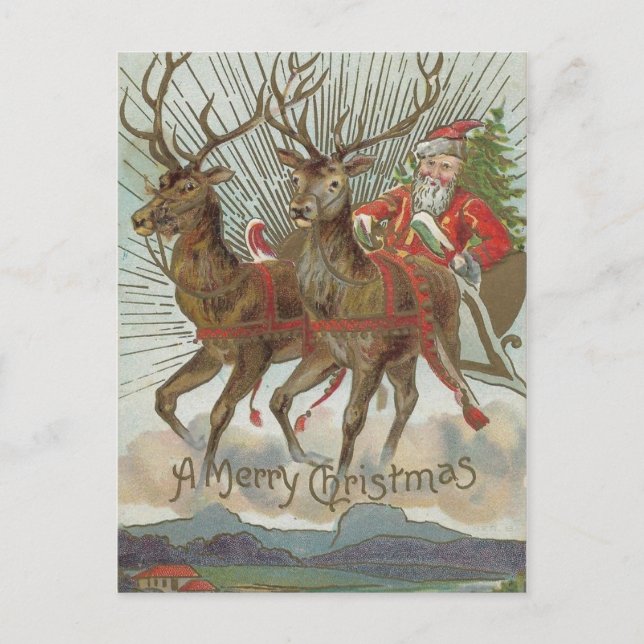 Santa Claus with Reindeer Vintage Christmas Card (Front)