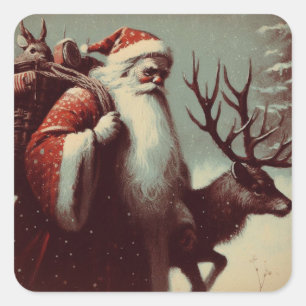 Santa Claus with Reindeer Vintage Illustration Square Sticker