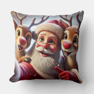 Santa Claus with Reindeers Celebrating Christmas Throw Pillow