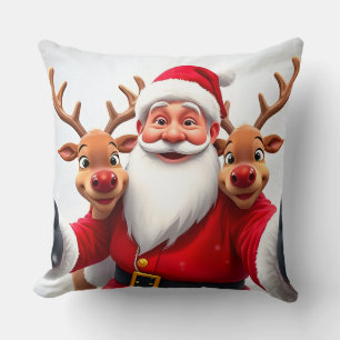 Santa Claus with Reindeers Celebrating Christmas Throw Pillow