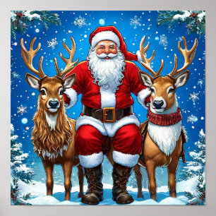 Santa Claus with Reindeers Magical Christmas Poster