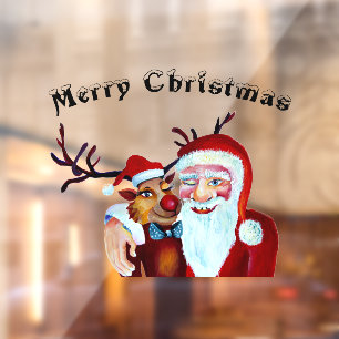 Santa Claus with Rudolph the Reindeer Illustration Window Cling