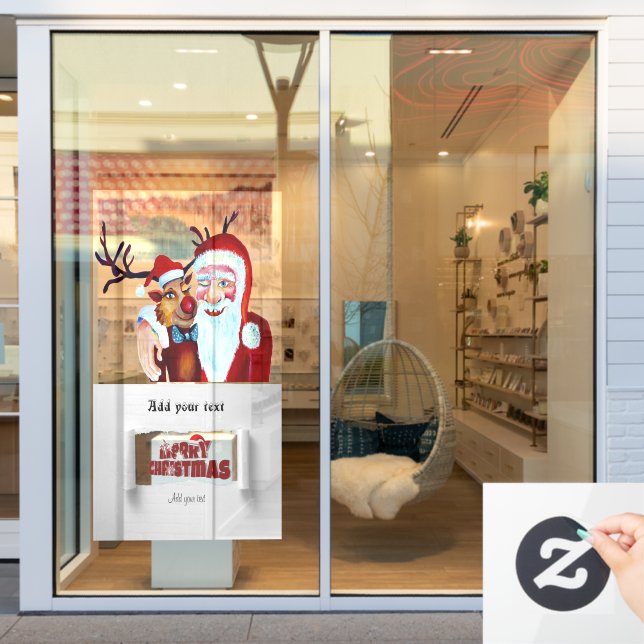 Santa Claus with Rudolph the Reindeer Illustration Window Cling (Store Window)