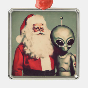 Santa Claus with Space Alien Sci Fi Christmas Metal Ornament