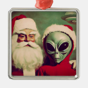 Santa Claus with Space Alien UFO Christmas  Metal Ornament
