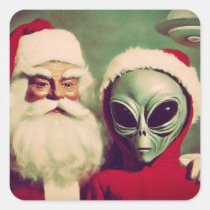 Santa Claus with Space Alien UFO Christmas  Square Sticker