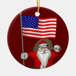 Santa Claus With Star Spangled Banner Ceramic Ornament