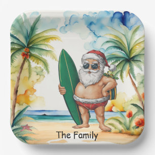 Santa Claus with Surf board at the beach Christmas Paper Plate