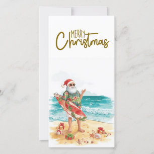 Santa Claus with Surf Board Christmas tropical  Holiday Card