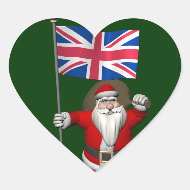 Santa Claus With Union Flag Of The UK Heart Sticker (Front)