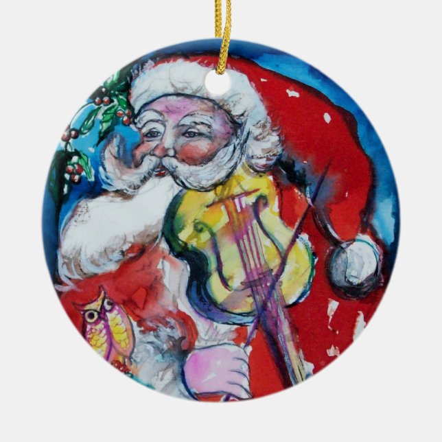 SANTA CLAUS WITH VIOLIN,MUSICAL CHRISTMAS Red Ruby Ceramic Ornament (Front)