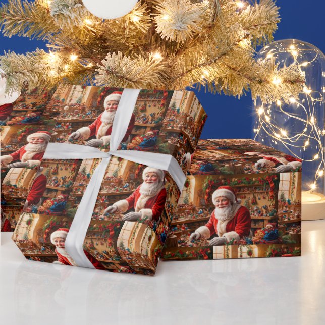 Santa Claus Working in his Christmas Toy Workshop  Wrapping Paper (Holidays)