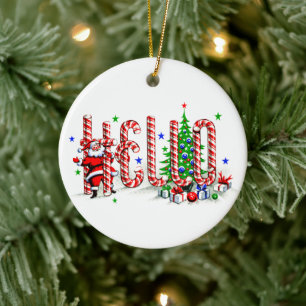 Santa Clause Candy Canes Hello Christmas Art Ceramic Ornament