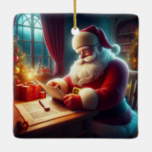Santa Clause Checking Wish List Letters Ceramic Ornament