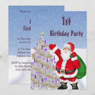 Santa Clause & Christmas Tree 1st Birthday Invitation