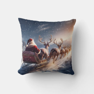 Santa Clause Driving His Sleigh With Rain Deer Throw Pillow