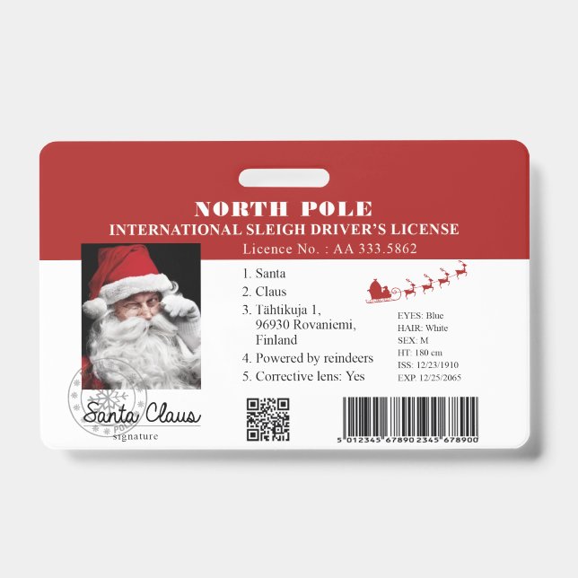 Santa Clause faux lost Driving License Badge (Front)