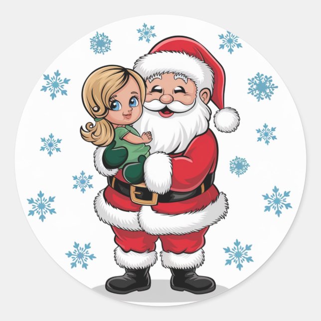 Santa Clause Hugging a Girl with Snowflakes Classic Round Sticker (Front)