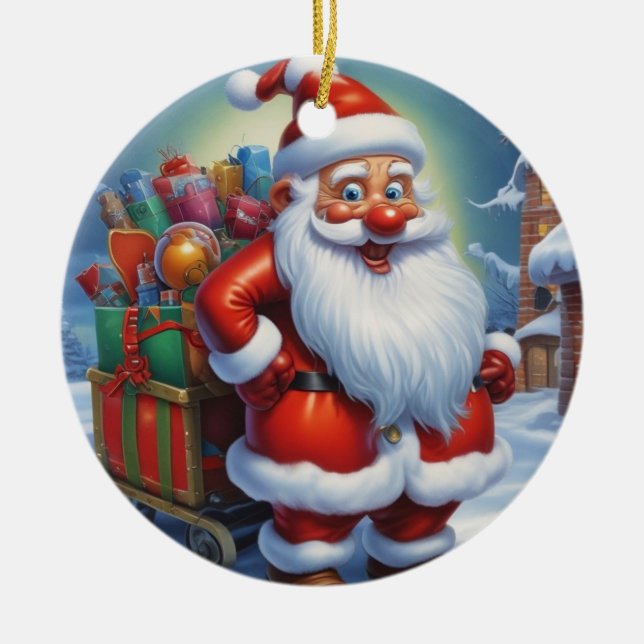 Santa Clause Merry Christmas Happy New Year Ceramic Ornament (Front)