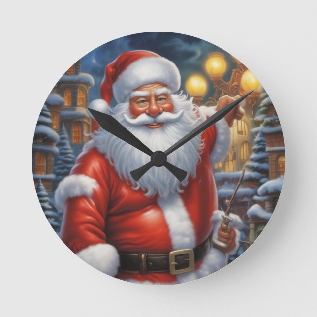 Santa Clause Merry Christmas Happy New Year Round Clock (Front)