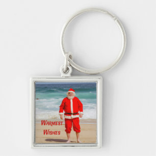 Santa Clause on Beach Warmest Wishes Funny Humor Keychain