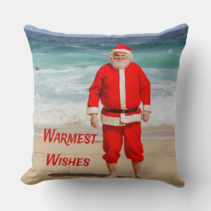 Santa Clause on Beach Warmest Wishes Funny Humour Throw Pillow