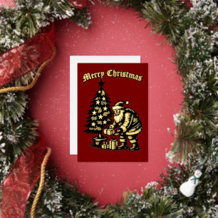 Santa Clause Under Christmas Tree Foil Holiday Card