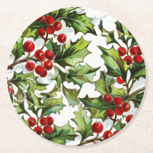 Santa clause vintage holly elegant round paper coaster (Front)