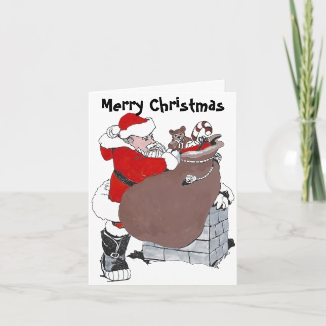 Santa Clause w/Toys on rooftop folded Christmas Holiday Card (Front)