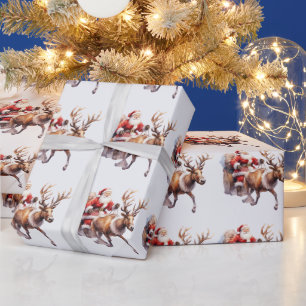 Santa Clause with a reindeer pulling his sleigh Wrapping Paper