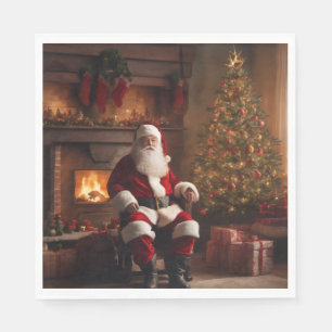 Santa Clause with Christmas Tree & Fireplace Napkin