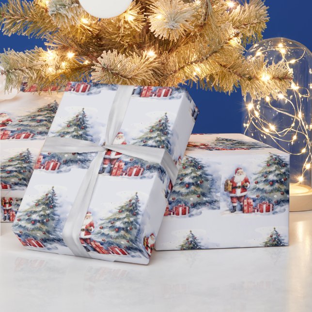 Santa Clause with Christmas tree snowy landscape Wrapping Paper (Holidays)