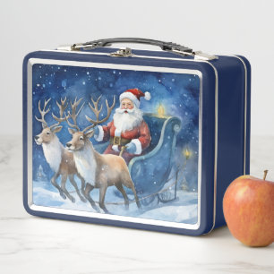 Santa Clause with reindeer sleigh snowy landscape Metal Lunch Box