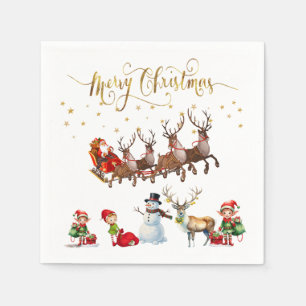 Santa Clause with reindeers pulling his sleigh Napkin