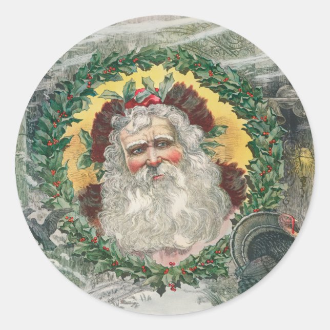 Santa Claus's Face in the Middle of a Christmas  Classic Round Sticker (Front)