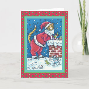 SANTA CLAWS CAT ON ROOFTOP BRINGING GIFTS, FUNNY HOLIDAY CARD