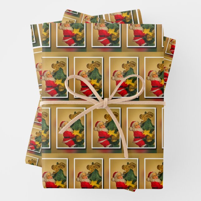 Santa Climbing the Christmas Tree Golden Jolly Wrapping Paper Sheet (In situ)