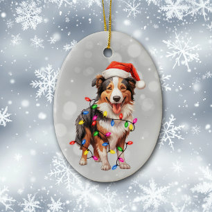 Santa Collie Dog Wrapped in Christmas Lights  Ceramic Ornament