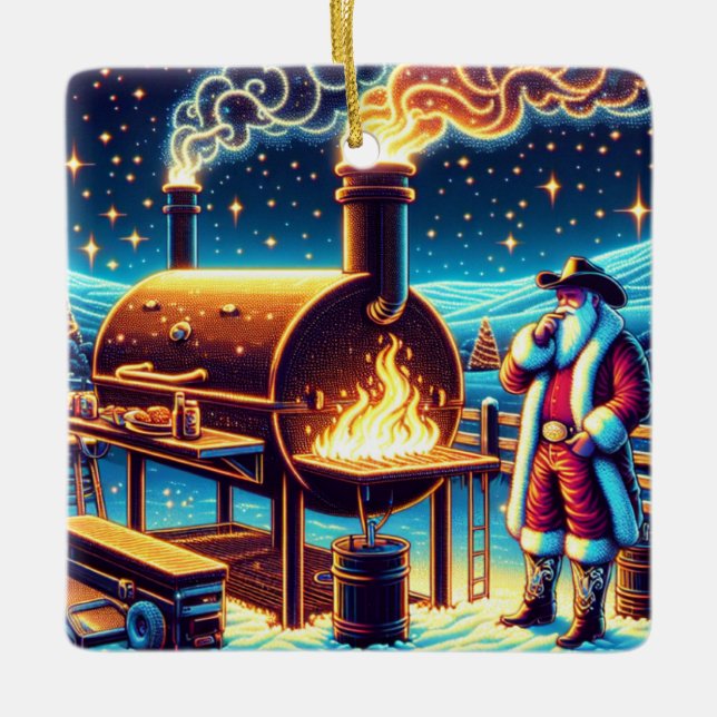 Santa Cooking On The BBQ Pit 3 Christmas Ceramic Ornament (Front)