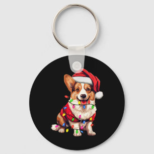 Santa Corgi Dog Christmas Lights Xmas Pajama Dog L Keychain