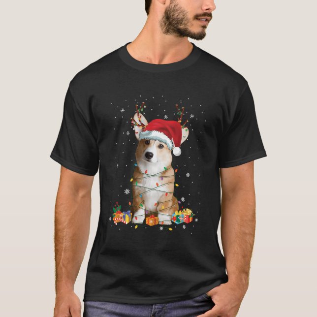 Santa Corgi Reindeer Light Christmas Gift Funny Do T-Shirt (Front)