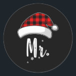 Santa Couples Matching Christmas For Couples Red P Classic Round Sticker<br><div class="desc">Santa Couples Matching Christmas For Couples Red Plaid</div>