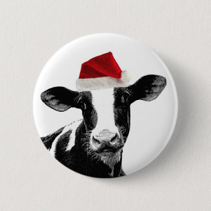 Santa Cow - Dairy Cow wearing Santa Hat 2 Inch Round Button